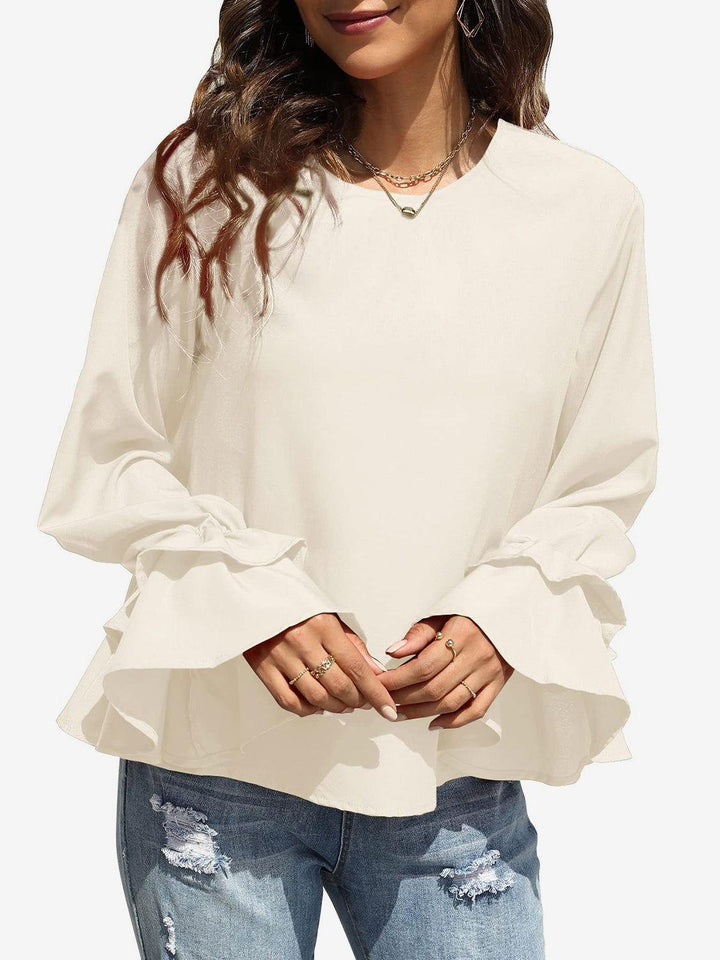 Round Neck Double-Layered Flounce Sleeve Top - JOWLILI