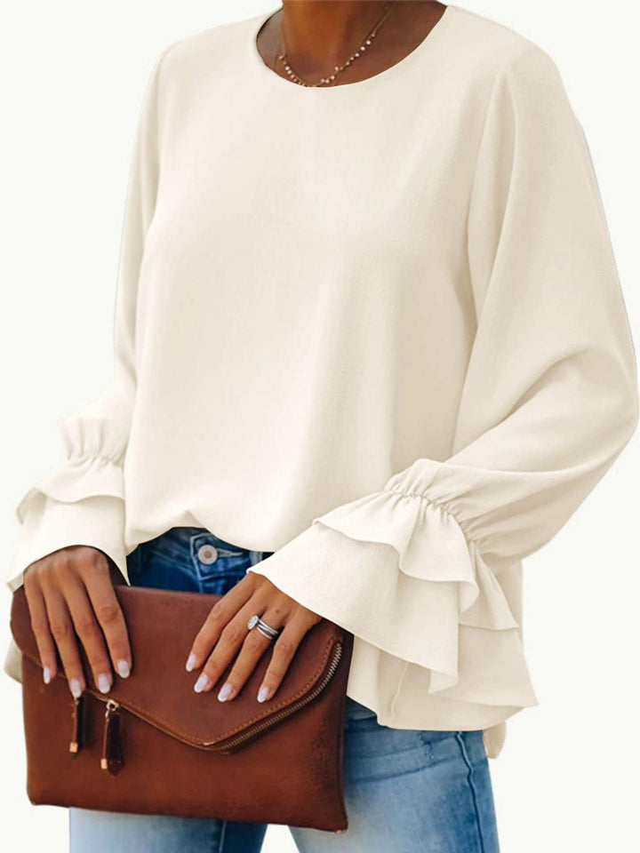 Round Neck Double-Layered Flounce Sleeve Top - JOWLILI
