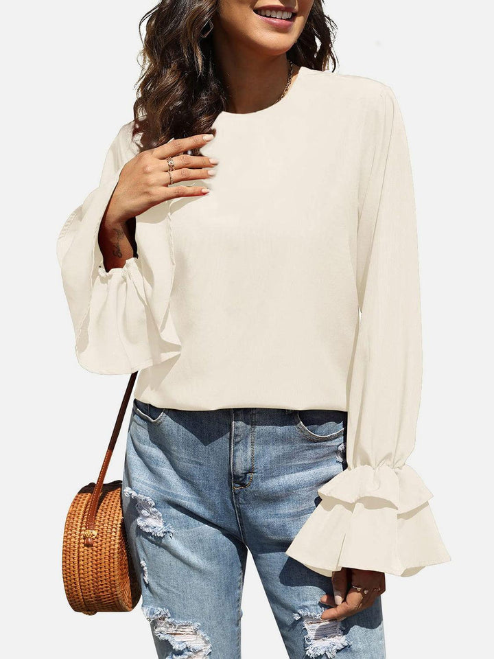 Round Neck Double-Layered Flounce Sleeve Top - JOWLILI