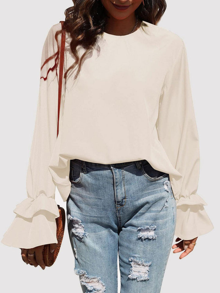 Round Neck Double-Layered Flounce Sleeve Top - JOWLILI