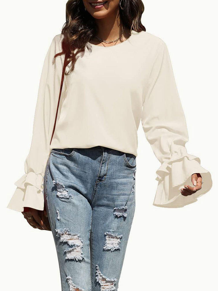 Round Neck Double-Layered Flounce Sleeve Top - JOWLILI