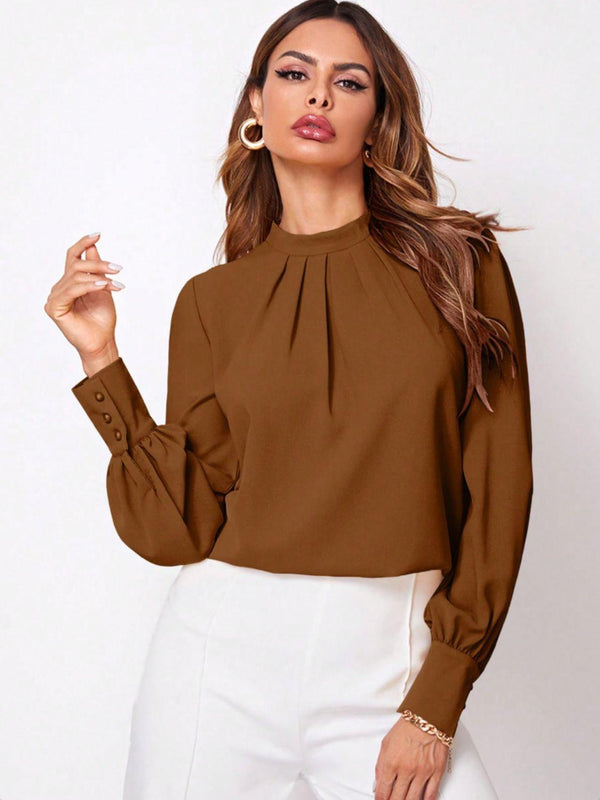 Ruched Mock Neck Long Sleeve Blouse - JOWLILI