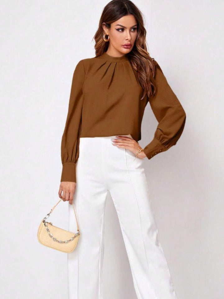 Ruched Mock Neck Long Sleeve Blouse - JOWLILI