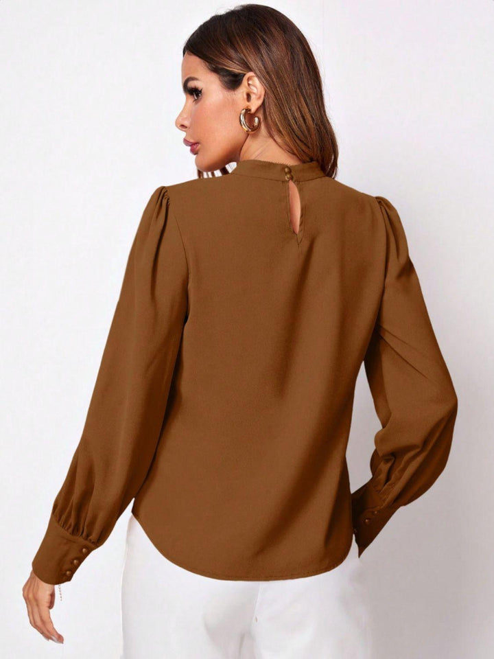 Ruched Mock Neck Long Sleeve Blouse - JOWLILI
