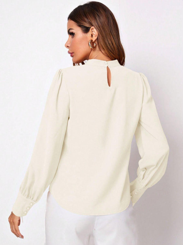 Ruched Mock Neck Long Sleeve Blouse - JOWLILI