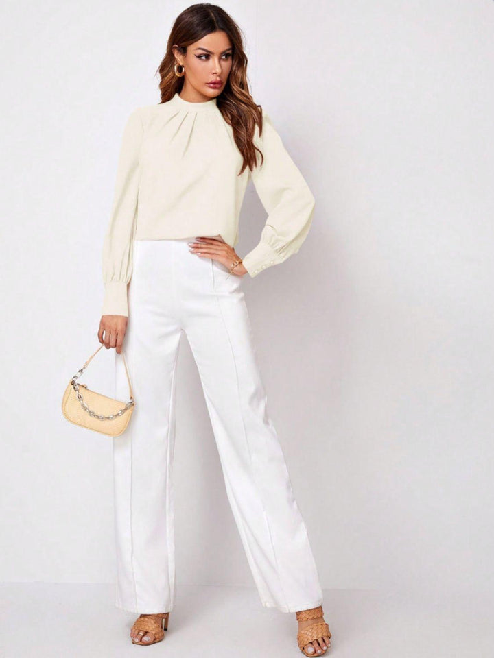 Ruched Mock Neck Long Sleeve Blouse - JOWLILI