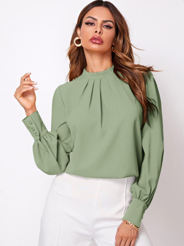 Ruched Mock Neck Long Sleeve Blouse - JOWLILI