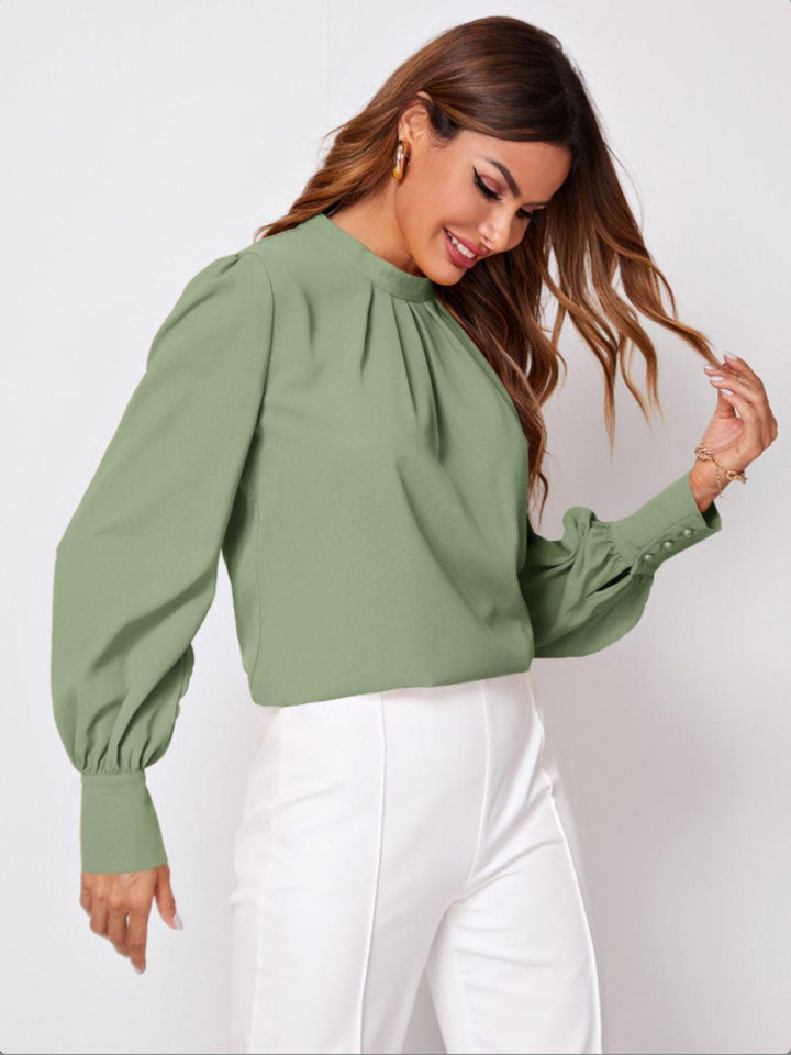 Ruched Mock Neck Long Sleeve Blouse - JOWLILI