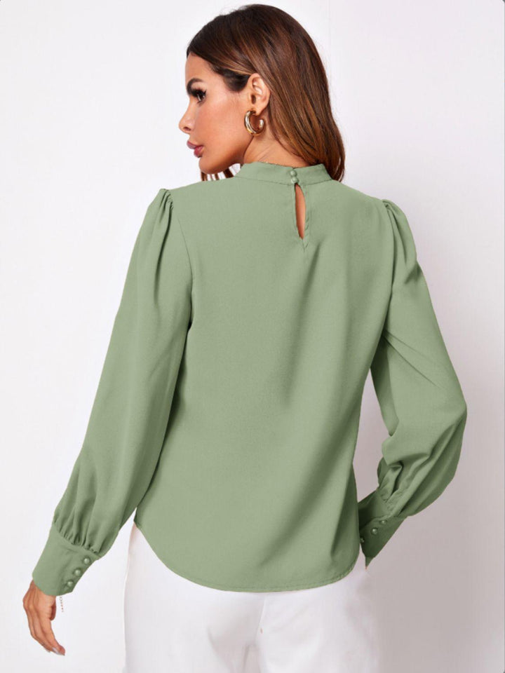 Ruched Mock Neck Long Sleeve Blouse - JOWLILI