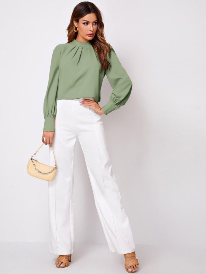 Ruched Mock Neck Long Sleeve Blouse - JOWLILI