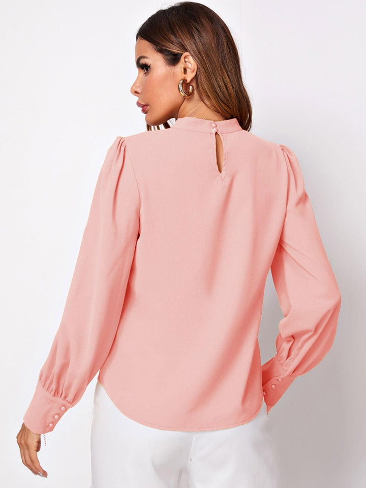 Ruched Mock Neck Long Sleeve Blouse - JOWLILI