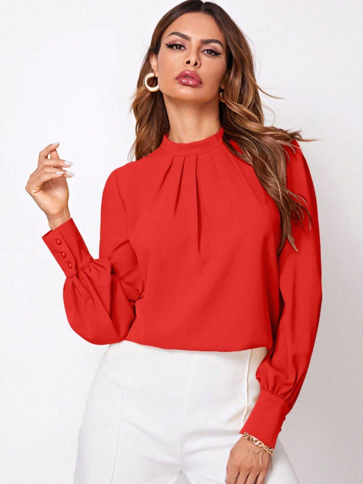 Ruched Mock Neck Long Sleeve Blouse - JOWLILI