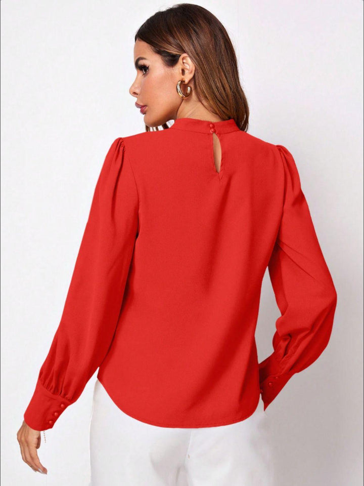 Ruched Mock Neck Long Sleeve Blouse - JOWLILI