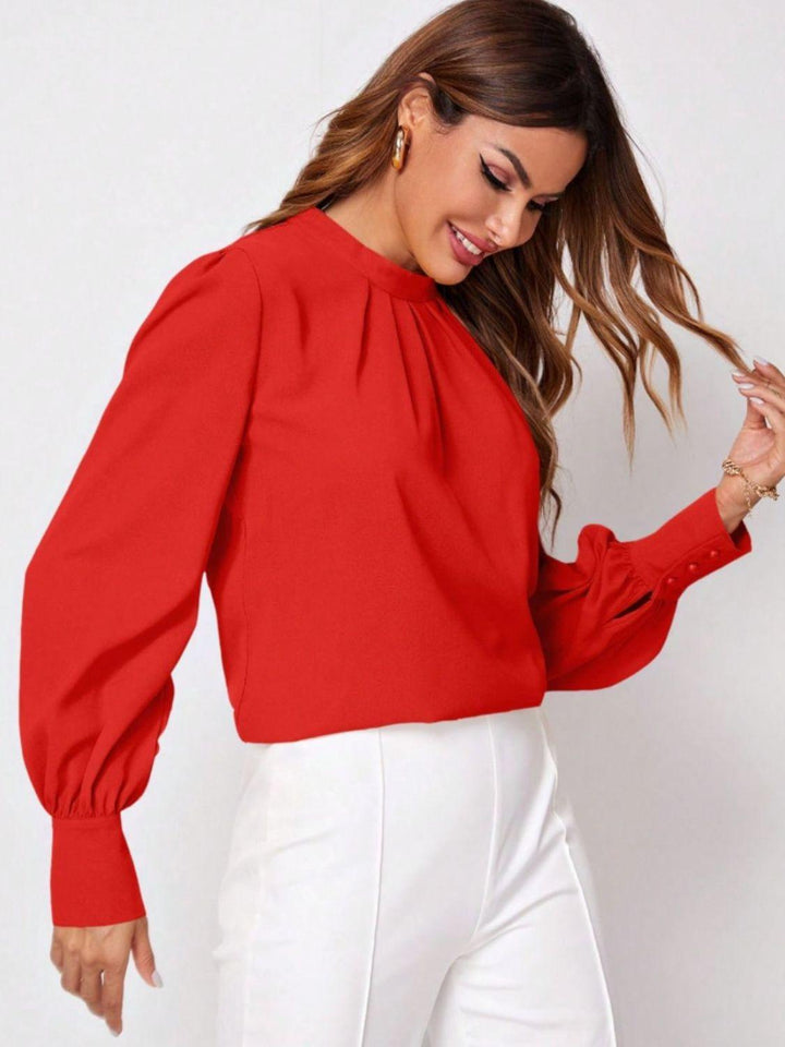 Ruched Mock Neck Long Sleeve Blouse - JOWLILI