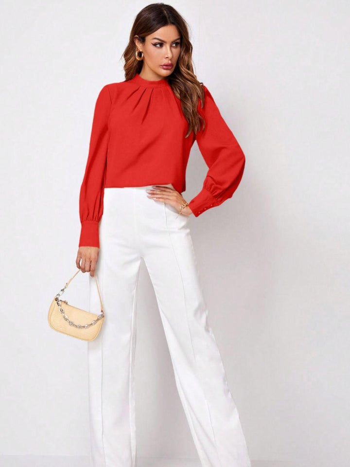 Ruched Mock Neck Long Sleeve Blouse - JOWLILI