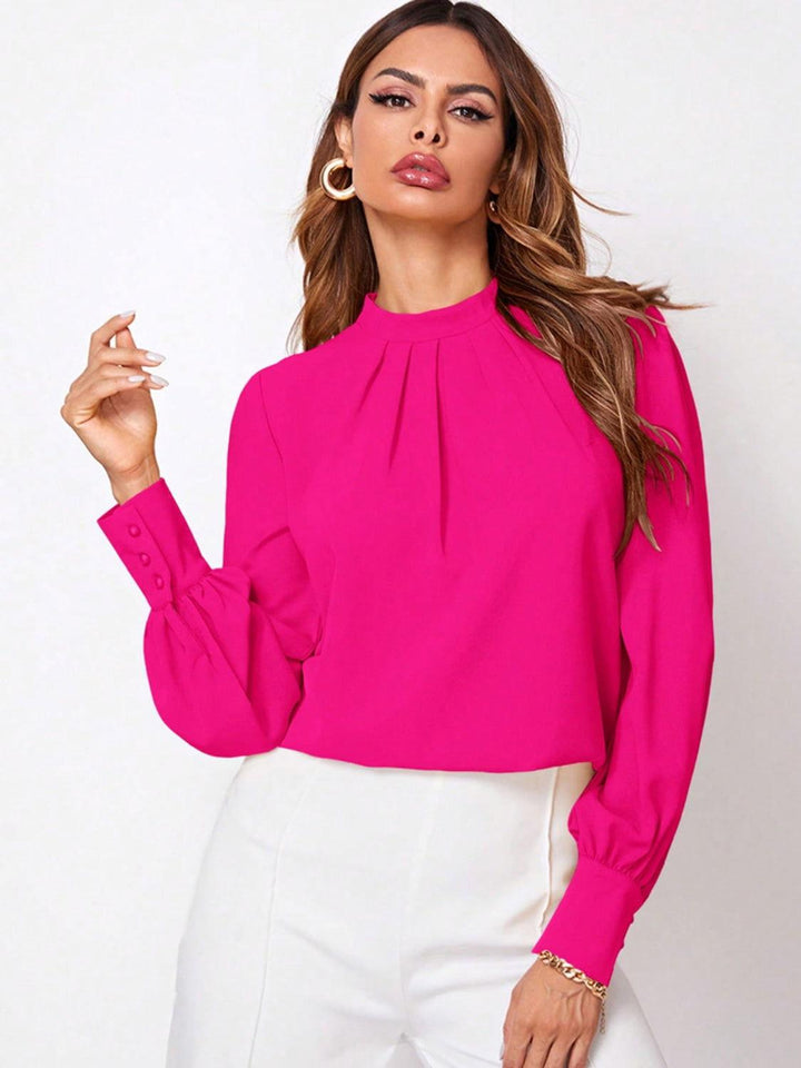 Ruched Mock Neck Long Sleeve Blouse - JOWLILI
