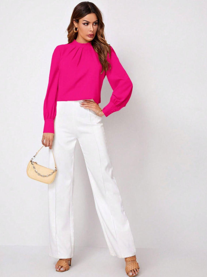 Ruched Mock Neck Long Sleeve Blouse - JOWLILI