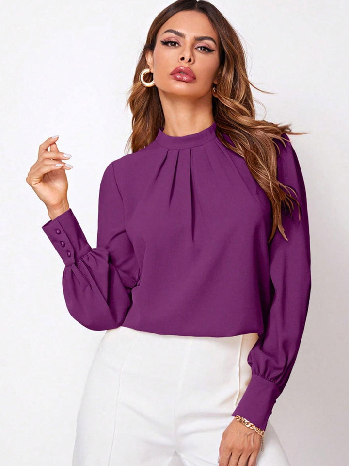 Ruched Mock Neck Long Sleeve Blouse - JOWLILI