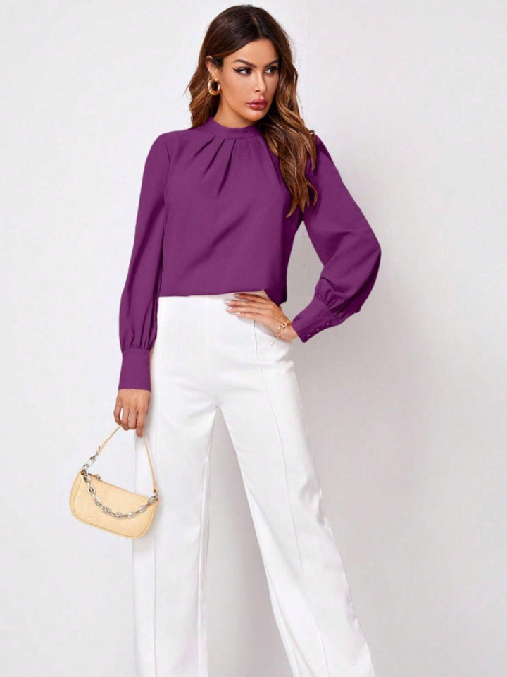 Ruched Mock Neck Long Sleeve Blouse - JOWLILI