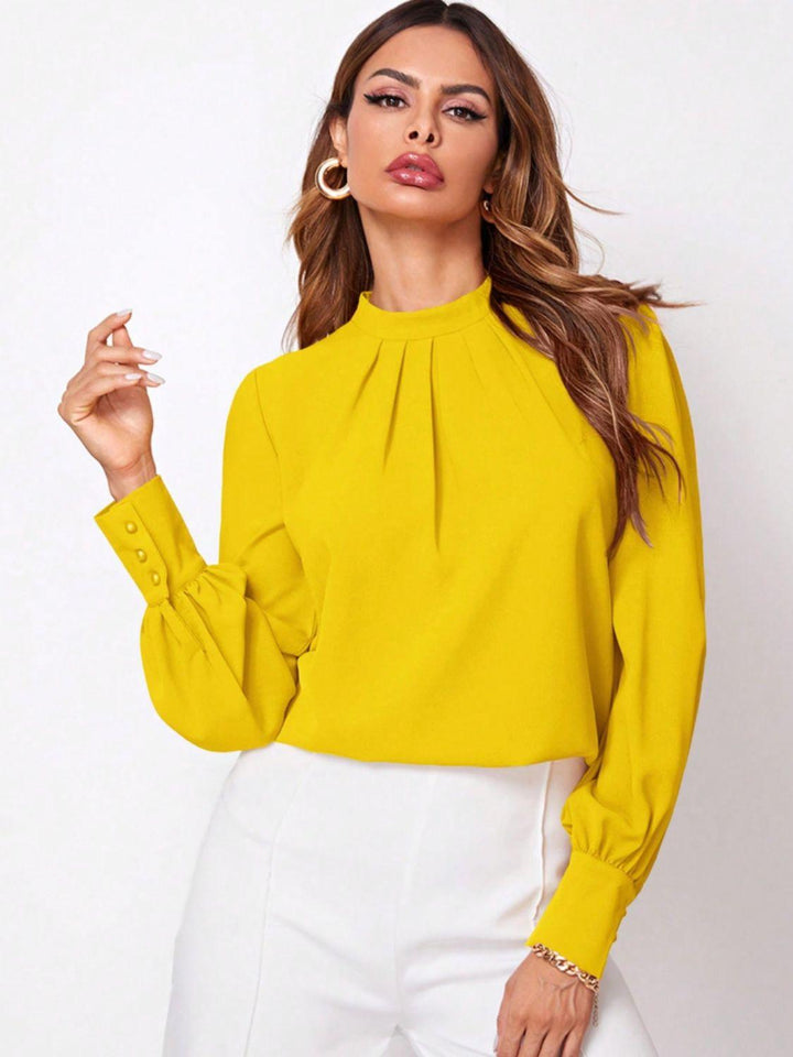 Ruched Mock Neck Long Sleeve Blouse - JOWLILI