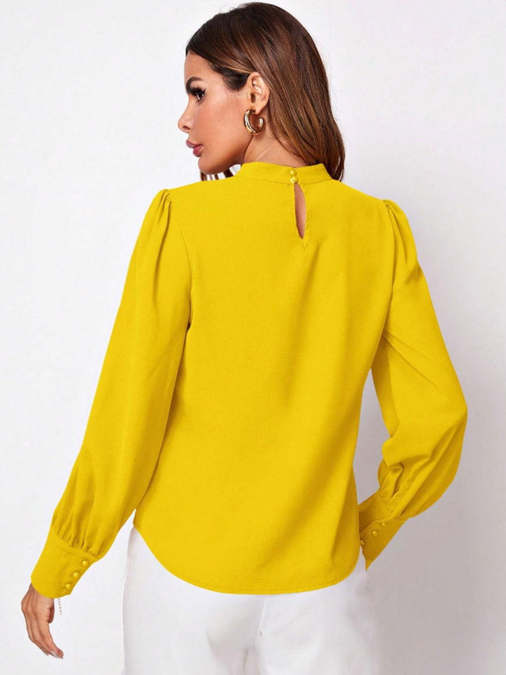Ruched Mock Neck Long Sleeve Blouse - JOWLILI
