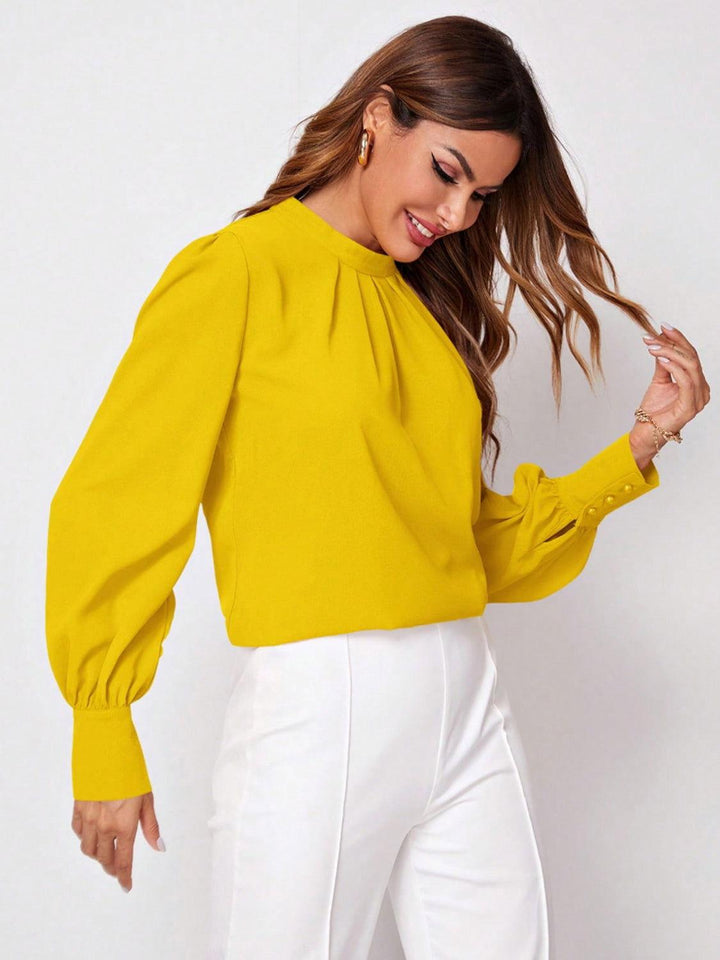 Ruched Mock Neck Long Sleeve Blouse - JOWLILI