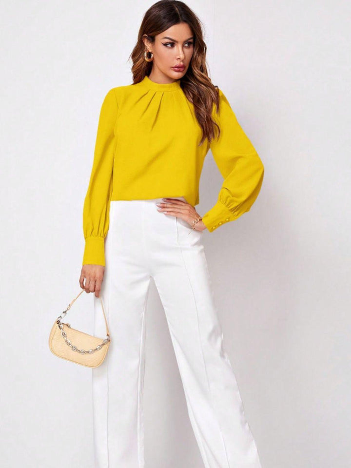 Ruched Mock Neck Long Sleeve Blouse - JOWLILI