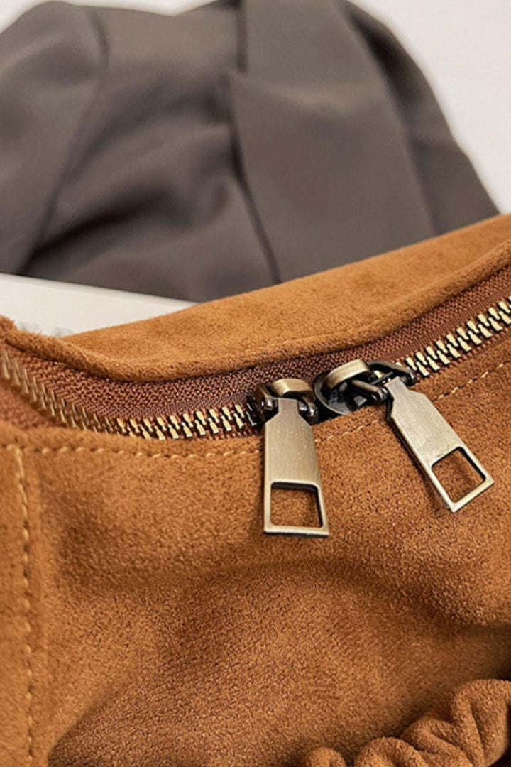 Ruched Suede Handbag with Zipper - JOWLILI