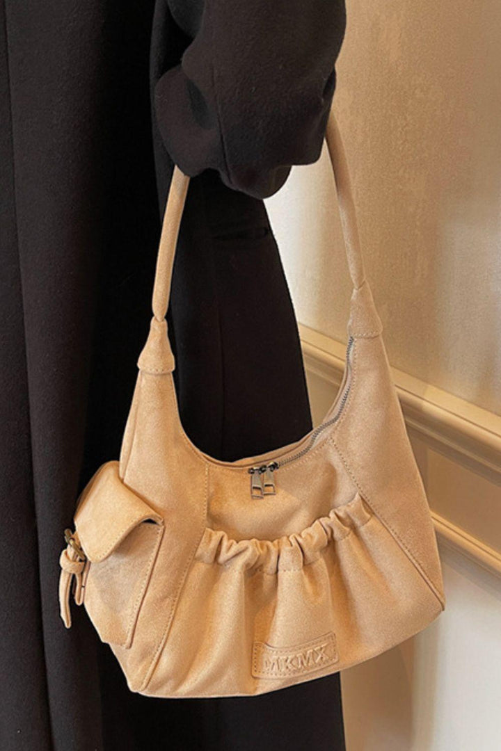 Ruched Suede Handbag with Zipper - JOWLILI