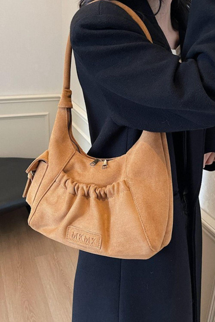 Ruched Suede Handbag with Zipper - JOWLILI