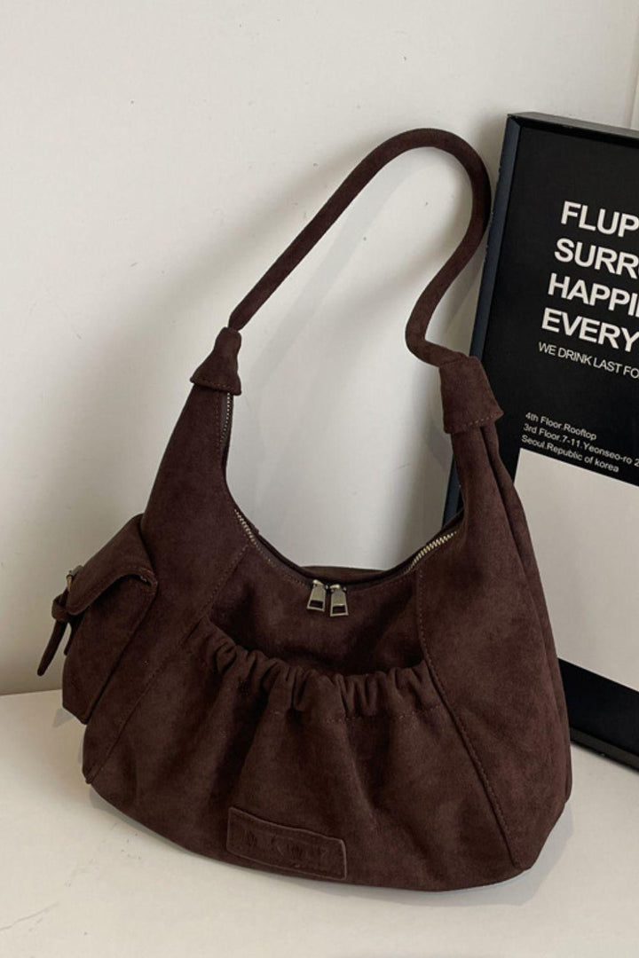 Ruched Suede Handbag with Zipper - JOWLILI