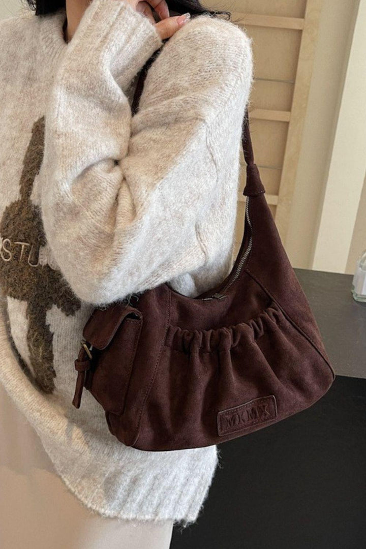Ruched Suede Handbag with Zipper - JOWLILI