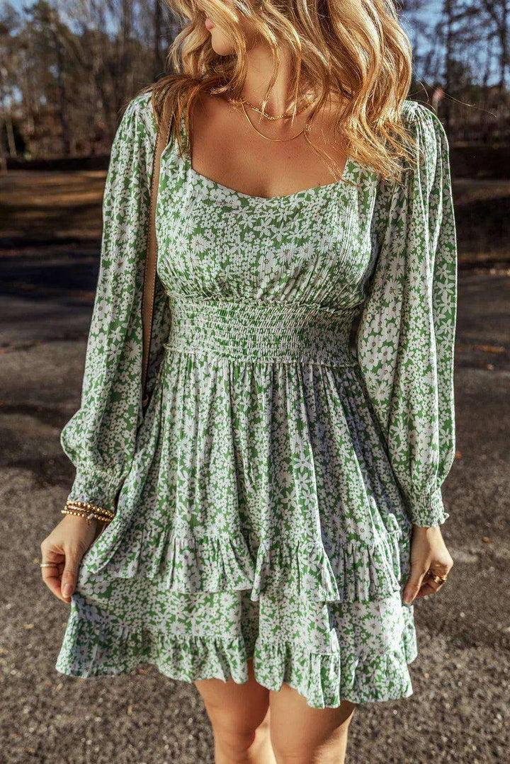 Ruffle Hem Floral Square Neck Long Sleeve Dress - JOWLILI