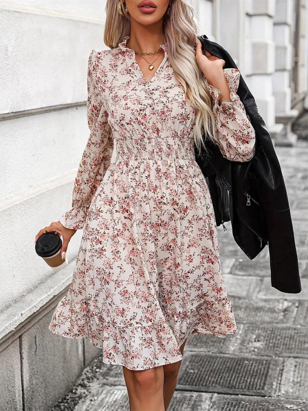 Ruffle Hem Floral Surplice Long Sleeve Dress - JOWLILI