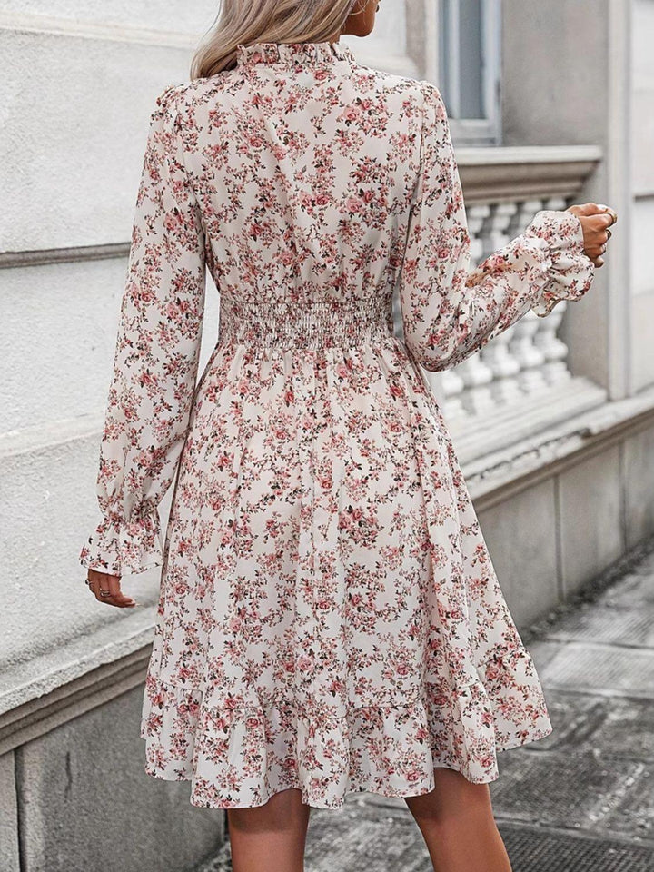 Ruffle Hem Floral Surplice Long Sleeve Dress - JOWLILI