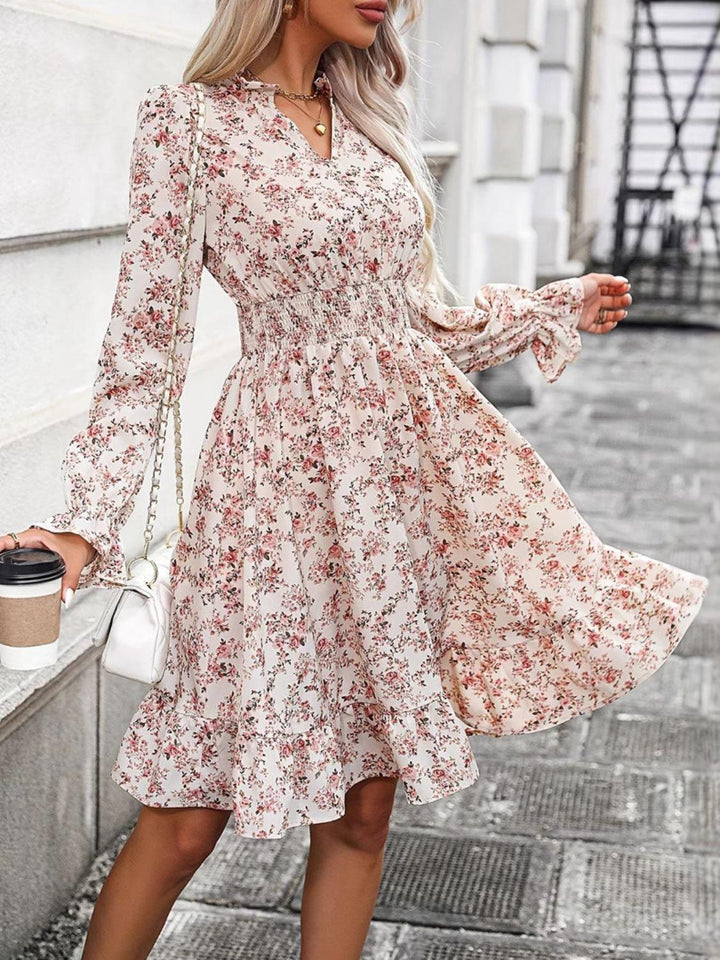 Ruffle Hem Floral Surplice Long Sleeve Dress - JOWLILI