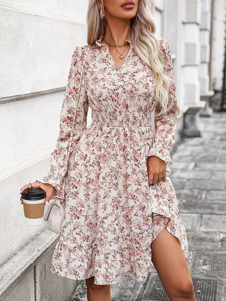 Ruffle Hem Floral Surplice Long Sleeve Dress - JOWLILI