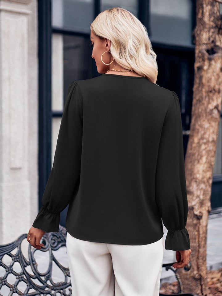 Ruffled V-Neck Flounce Sleeve Blouse - JOWLILI