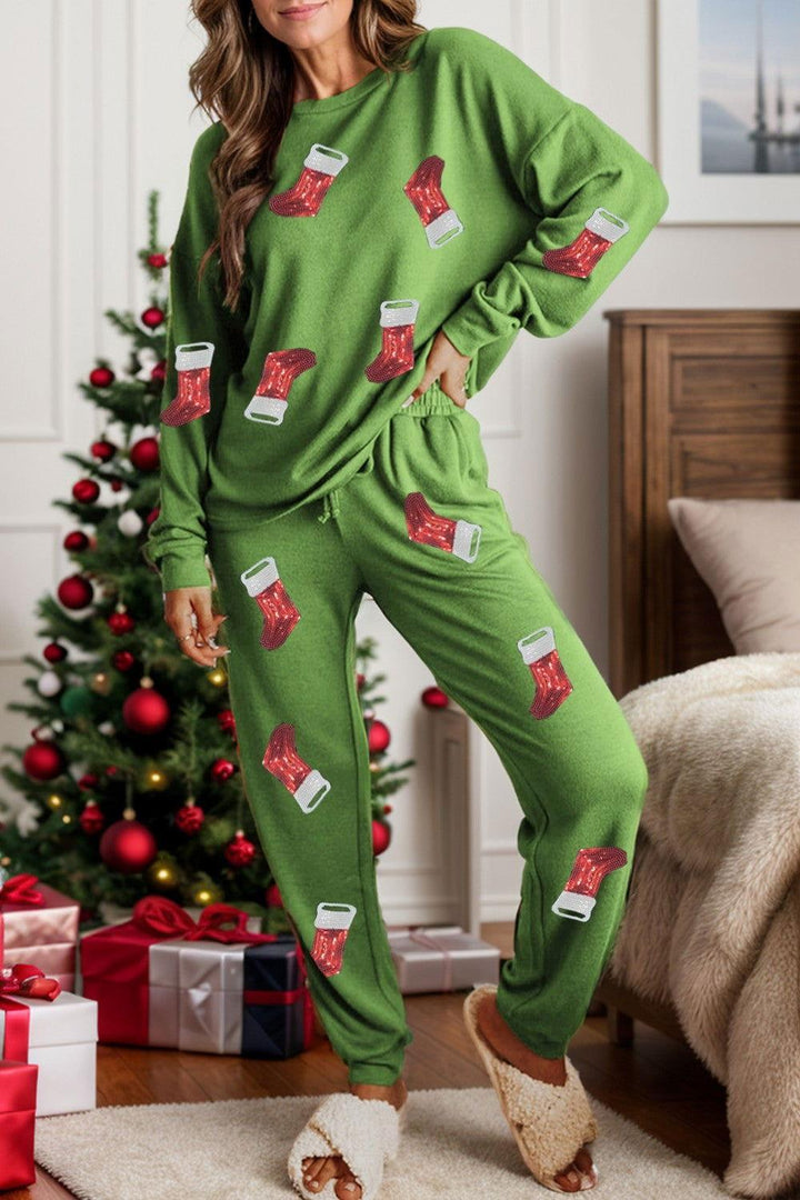 Sequin Socks Round Neck Long Sleeve Top and Pants Lounge Set - JOWLILI