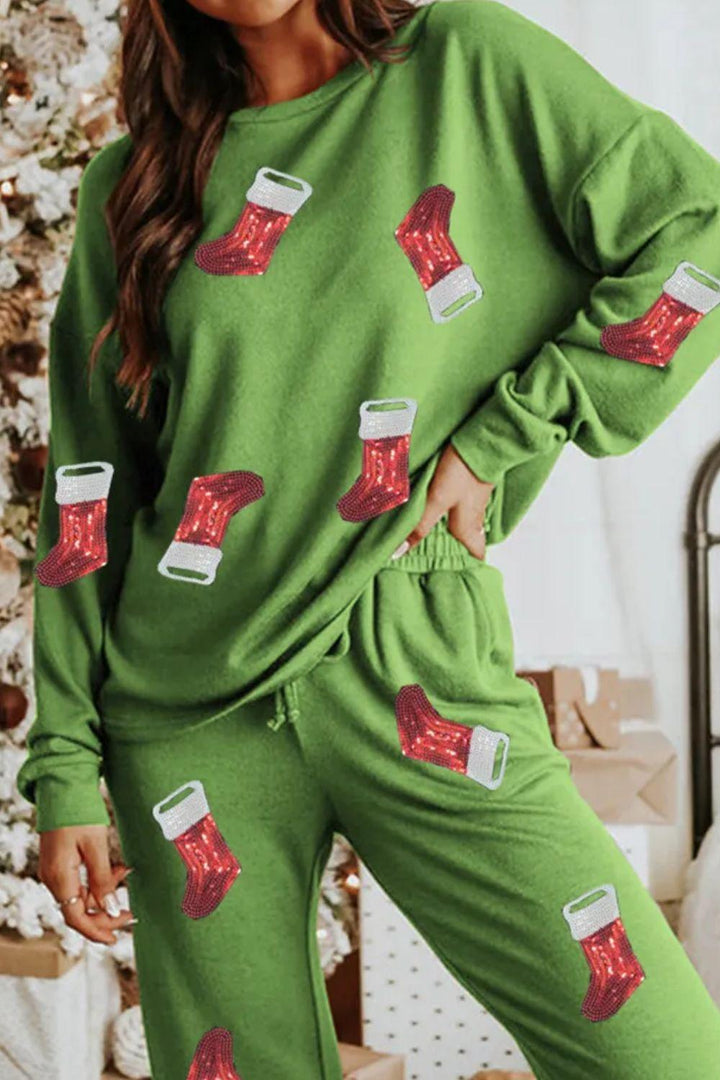 Sequin Socks Round Neck Long Sleeve Top and Pants Lounge Set - JOWLILI