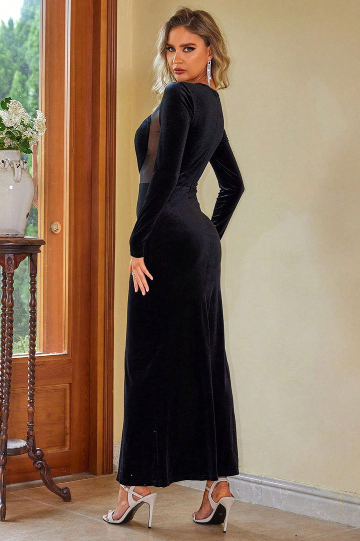 Sheer Mesh Long Sleeve Slit Dress - JOWLILI