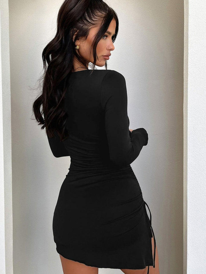 Side Drawstring Round Neck Long Sleeve Dress - JOWLILI