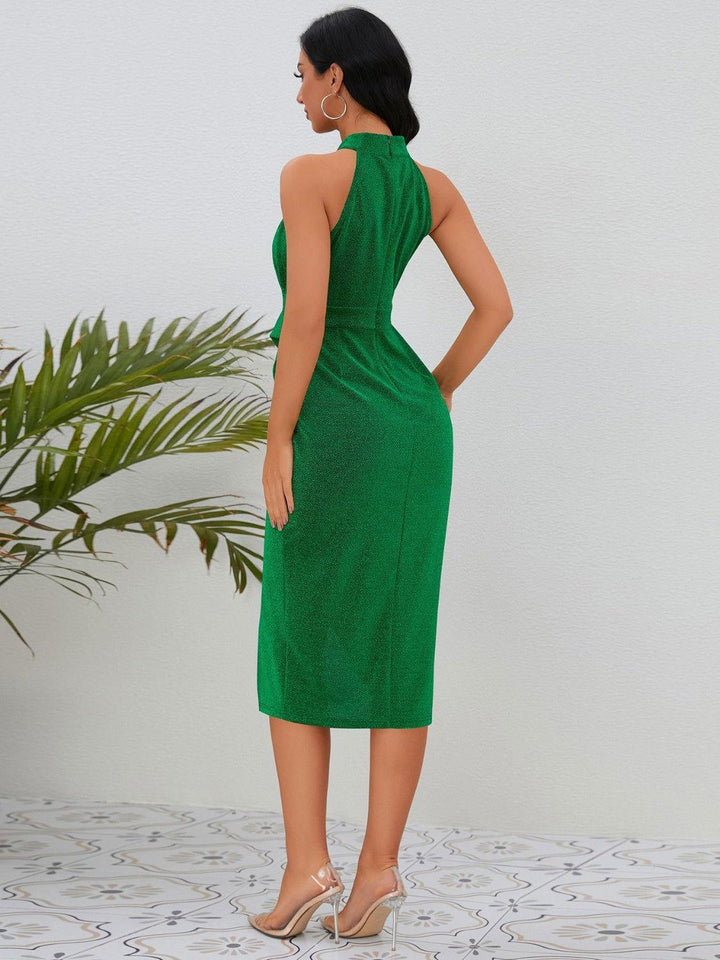 Slit Ruched Mock Neck Sleeveless Dress - JOWLILI