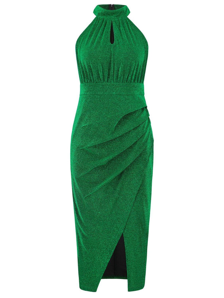 Slit Ruched Mock Neck Sleeveless Dress - JOWLILI