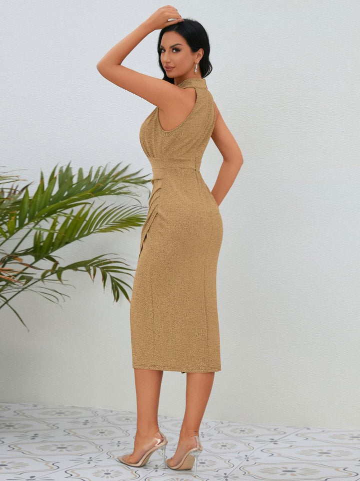 Slit Ruched Mock Neck Sleeveless Dress - JOWLILI
