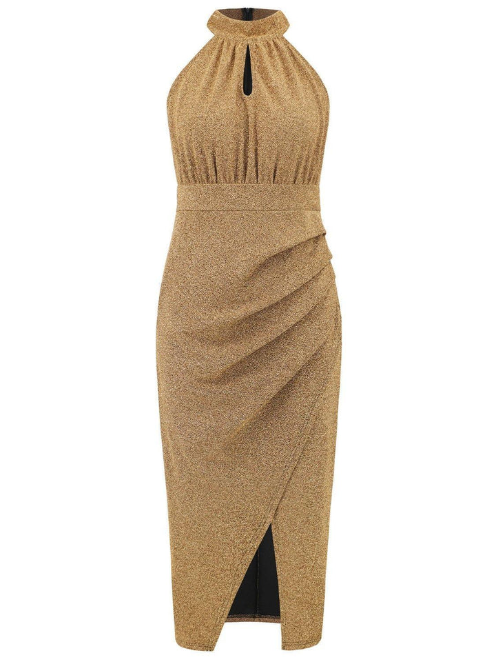 Slit Ruched Mock Neck Sleeveless Dress - JOWLILI