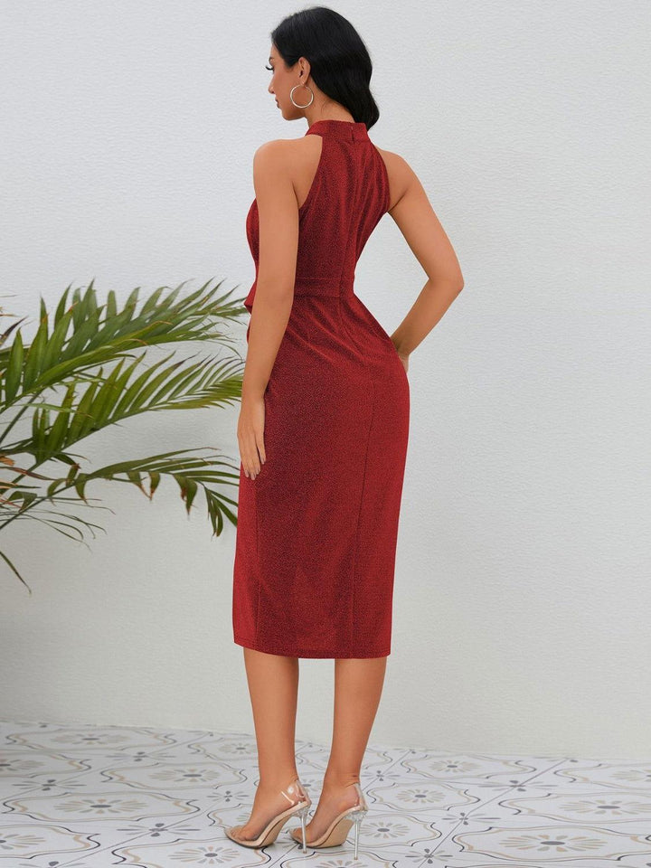 Slit Ruched Mock Neck Sleeveless Dress - JOWLILI