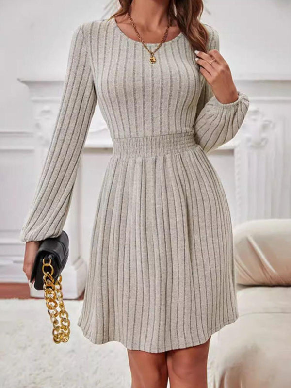 Smocked Round Neck Long Sleeve Knee Length Dress - JOWLILI