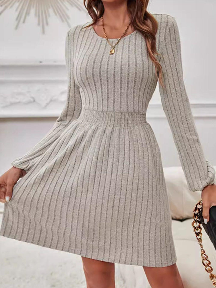 Smocked Round Neck Long Sleeve Knee Length Dress - JOWLILI
