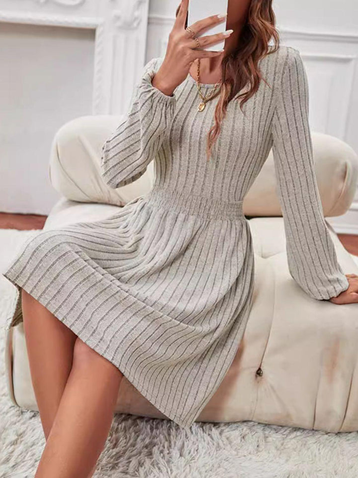 Smocked Round Neck Long Sleeve Knee Length Dress - JOWLILI